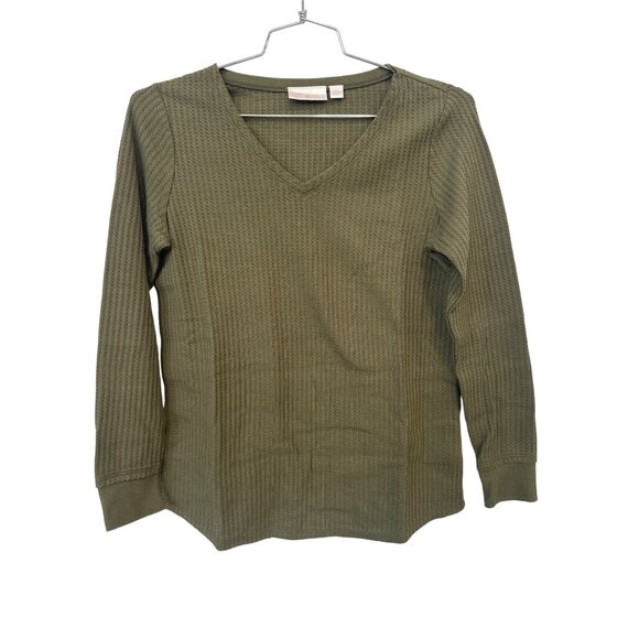 Belle by Kim Gravel Waffle Knit V Neck Top Smile Hem Womens XS Olive Green NEW - Picture 2 of 8